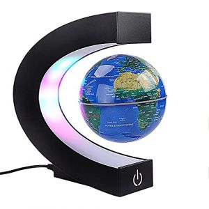 Globe terrestre flottant avec LED colorées en forme de C, bande magnétique anti-gravité, carte du monde rotative pour enfants, cadeau pour la maison, décoration de bureau (avec interrupteur, bleu) (Yunwanness, neuf)