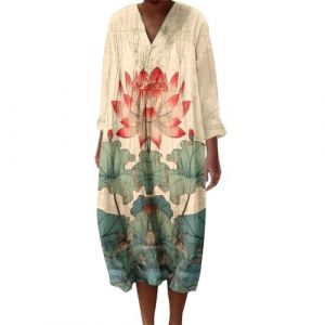 Robe Ete Femme Mi Longue Fluide Coton Chemise Robes Manches Longues Ample Casuel A-Line Imprim&eacute; Fleur Robes Col V Ronde Boh&egrave;me Robe De Soiree Femme Vintage Dress pour F&ecirc;te Travail (Anglekie, neuf)