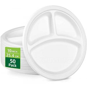 HOMURG assiette carton jetable ronde 25 cm, assiettes jetables anniversaire blanc portion r&eacute;gime, assiette 3 compartiments rigide, assiettes divis&eacute;e blanche en papier restauration 50 pi&egrave;ces (HOMURG FR, neuf)