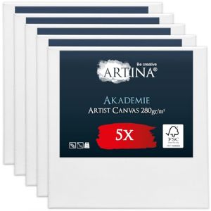 Artina Akademie Set de 5 Canvas Toile à Peindre 15x15cm – Châssis Entoilés en Bois certifiés FSC – Toile Peinture Blanche de 100% Coton - 280g/m² - Toile Stable et sans Acides (Brandvin, neuf)