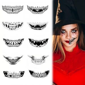 Tatouage d'Halloween, Lot de 10, Tatouage Halloween pour Visage, Tatouage temporaire d'Halloween, Faux Tatouage Ephemere Gommettes Halloween Tatouage Vampire Zombie Squelette (Piasbta Sbasub, neuf)