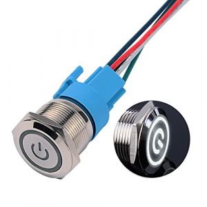 JIQI 22mm Commutateurs à Bouton-Poussoir Momentanés 12V à 24V 3A IP66 1NO 1NC avec Symbole d'Alimentation LED, Commutateurs à Bouton-Poussoir en Métal Imperméable avec Fils de Connexion(Blanc) (LUBAN STORE, neuf)