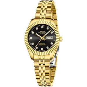 NIBOSI Montre analogique à quartz pour femme - Cadran en acier inoxydable avec jour et date - Lumineux - Étanche - Classique - Luxe - Diamant - Élégante robe - Pour les petits poignets, Doré/noir (NIBOSI Watch Official Store UK, neuf)