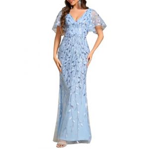 Ever-Pretty Sir&egrave;ne Robe de Soir&eacute;e Femme Longue Paillettes Manche Courte Feuilles Splendide Bleu Ciel 44 (Ever-Pretty Plus, neuf)