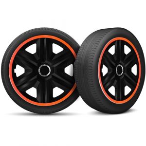 Moltico Enjoliveur - Set de 4 Universel Enjoliveurs - Adapt&eacute; &agrave; Toutes Roues en Acier - Enjoliveurs pour Auto - Anneau de S&eacute;curit&eacute; R&eacute;glable - 16 Pouces - Orange-Noir (Moltico-Shop, neuf)