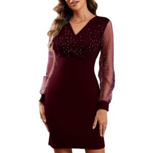 Yutdeng Robe de Soiree Femme Courte Robe Cocktail Femme Col en V Dentelle Paillettes Mini Robes Manches Longues Moulante Robes Élégant Rétro Maille Sexy Dress Taille Haute Soirée Club Fête Bal Festive (Yuegood, neuf)