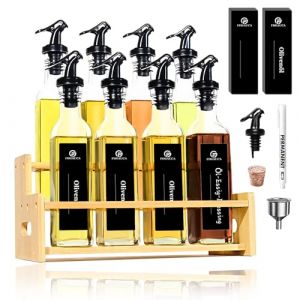 SAEIV Lot de 8 bouteilles d'huile d'olive et de vinaigre de 250 ml &ndash; Set pratique Small Cruet complet avec support en bambou, bouteille d'huile anti-fuite avec bec verseur et &eacute;tiquettes imperm&eacute;ables (Sayjia GmbH, neuf)