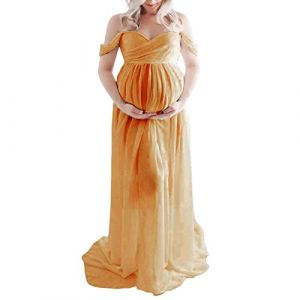 Loalirando Robe de Grossesse Shooting Photo en Mousseline de Soie Léger, Robe de Maternité Maxi-Longue Epaule Dénudée pour la Photographie (Jaune, L) (Biu-clothing, neuf)