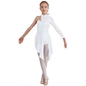 TTAO Enfant Fille Robe Ballet Danse Classique Asymétrique Une Manche Longue Justaucorps Gymnastique Dentelle Léotard Jazz Latine Robe Sport Patinage Dancewear 5-16 Ans Blanc D 15-16 Ans (TTAOSHOP EU, neuf)