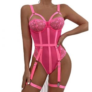 WEITING Body sexy rouge pour femme en dentelle avec armatures ajourées et haut sans manches, body à coupe haute avec entrejambe - Rose fluo, L (Star Ocean Selection, neuf)