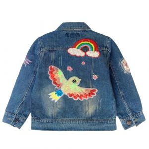 Peacolate 3-11ans petites filles veste en jean Kiner vêtements d'extérieur broder arc-en-ciel oiseaux et fleurs printemps automne manteaux en denim (arc-en-ciel,5-6ans) (LittleWish, neuf)