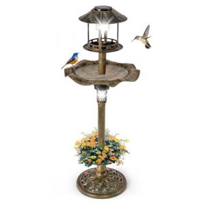 SOARS Mangeoire Oiseaux 2 Lampes &agrave; Energie Solaire &Oslash;43 x 110H cm, Abreuvoir pour Oiseaux Sauvages D&eacute;coration pour Ext&eacute;rieur Style Antique Effet Bronze, Bain Oiseau pour Jardin, Balcon (Bronze Jaune) (Magichome24, neuf)