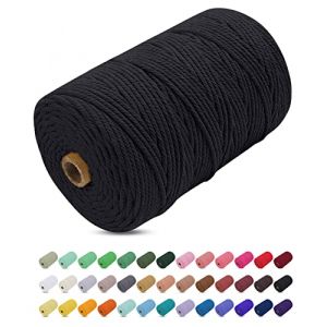 Corde Macramé 3mm x 200m, Uiopa Fil Macramé 3mm Corde Coton Naturelle 4 Brins, Coloré Ficelle Cordon Coton pour Tressée DIY, Tentures Murales, Porte Plante, Rideau, Decoration Boheme (Noir) (XEYUAN, neuf)
