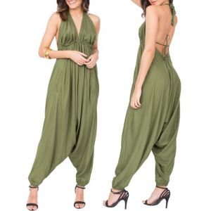 Combinaison pour Femmes - Combinaison Harem dos nu Confortable et Sexy - Taille Unique avec Poches - Combinaison d’été Sans Manches Olive Verte (likemary, neuf)