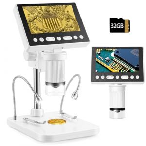 eSynic 4,5" Microscope Num&eacute;rique USB 5X-1000X 5MP 1080P Microscope Electronique 8 Lampes LED 2 Projecteurs de Tuyau Carte M&eacute;moire 32Go Support R&eacute;glable Compatible Windows/Mac pour Soudure R&eacute;paration (GGY FR, neuf)