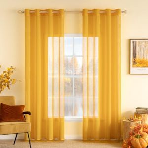 MIULEE Lot de 2 Rideaux Voilages de Fen&ecirc;tre Lin Imitation Transparents D&eacute;corative &agrave; Oeillet Voile de Fen&ecirc;tre Draperie Int&eacute;rieur Elegant Vintage pour Chmabre Salon Bureau 140X160CM (L X H) Jaune (MIULEE HOME, neuf)