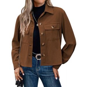 Hotouch Veste Femme Velours C&ocirc;tel&eacute; Blouson Bombers Automne D&eacute;contract&eacute; Courte Veste Chic Button Down Jacket Marron S (Hotouch Store, neuf)
