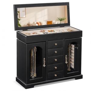 Emfogoo Bo&icirc;te &agrave; Bijoux Femme, Rustique Grande Boite a Bijoux Bois avec Miroir, 6 couches Boite Rangement Bijoux Organisateur pour Colliers, Boucles D'oreilles, Bagues, Bracelets (Weathered Noir) (pengyingjiaju, neuf)