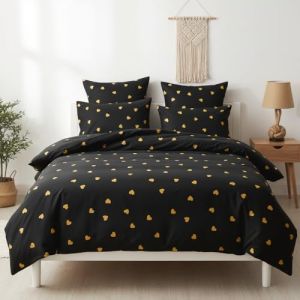 Freyamy Housse de Couette 240x260cm+2 Taie d'oreiller 65x65cm Coeur Imprim&eacute; Noir Or Parure de lit 2 Personnes Adulte Motif du C&oelig;ur Sets de Housse Couette en Microfibre avec Fermeture &Eacute;clair (Mitchell'SZ, neuf)