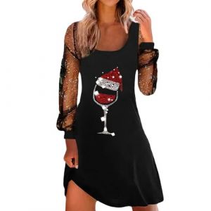 G&eacute;n&eacute;rique Robe Noel Femme Femme Robe De No&euml;l &Agrave; Imprim&eacute; Verre &Agrave; Vin Manche Longue Robe Au Genou D&eacute;contract&eacute;e Robe De F&ecirc;te De Cocktail (liucunwu, neuf)
