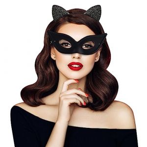 EQLEF Catwoman masque et serre tete oreille de chat, masque oeil de chat noir avec masque à bande élastique modèle féminin masque femme chat costume de Cosplay de fête à thème chat (My Smart Choice 5, neuf)