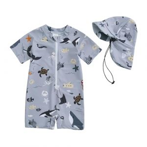 HodJIU Maillot de Bain Bébé Garçon Anti-UV Imprimé Dinosaure à Manches Courtes Costume de Bain Piscine Plage Surf (Gris + Chapeau, 0-3 Months) (Haikouxunchuanhandianzishangwuyouxiangongsi, neuf)