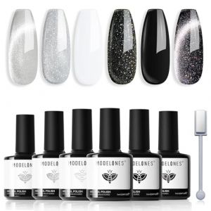 Modelones Vernis Semi Permanent 6 Couleur Gel UV Vernis &agrave; Ongles Paillet&eacute; Magn&eacute;tique Cat Eye UV Gel LED Manucure Varnish Kit pour Nail Art- Blanc Noir (MJ BEAUTY, neuf)