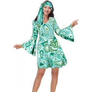 Jutrisujo Deguisement Annee 80 Disco Robe Femme Hippie Déguisement 60, 70, 90 Costume Remme Robe Vetement Halloween Carnaval Grande Taille Vert XL (jutrisujo corset, neuf)