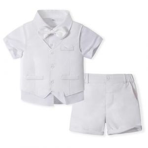 Volunboy Bébé Garçon Ensemble Costume, Mariage d'été 4 Pièces Ensemble à Manches Courtes de Gilet, Court, Chemise（4-5 ans,Blanc,Taille 120） (Volunboy, neuf)