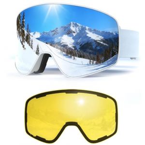 Masque de Ski avec Magn&eacute;tique Lentille Interchangeable,YH212 Lunettes de Ski OTG pour Unisexes Ajustables Anti-UV Coupe-Vent Anti Bu&eacute;e Lunettes de Snowboard pour Ski (02-Argent/Blanc + Lentille) (Masontex Motor Gear, neuf)