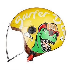 Casque Moto Enfant Fille garçon, Casque Jet avec visière, Casque Scooter Dinosaure Casque Scooter Casque cyclomoteur Casque de vélo, Fermeture Rapide, Amovible, Lavable, 48-55cm, Jaune (FREEUP-FR, neuf)