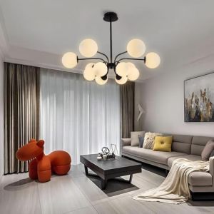LYSDjia Lustre Spoutnik moderne 12 lumières avec abat-jour globe en verre opale blanc de 15cm plafond plat et incliné hauteur réglable pour cuisine salon salle à manger chambre à coucher Suspension(Bl (LYSDjia-FR, neuf)
