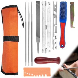 Riisoyu 11 Pièces Kit Affûtage Chaine Tronçonneuse, Kit d'Affûtage de Chaîne de Tronçonneuse Affuteuse de Tronçonneuse avec Limes Rondes, Lime Plate, Manche, Guide de Lime et Pochette (yuanbotutech, neuf)