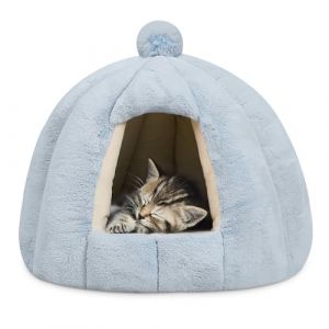 ALLSOPETS Lit Grotte pour Chat et Chien, Niche Igloo d&rsquo;Int&eacute;rieur avec Coussin Amovible Lavable, Tente Douillette et Chaleureuse pour Petits et Moyens Animaux (Bleu Glacier, M) (ALLSOPETS-FR, neuf)