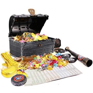 JOYUE Boîte de Coffre au Trésor de Pirate, 50 Pièces d'or de Pirate + 50 Pièces Diamant de Pirate Set, Jouets Enfants Halloween en Plastique Trésor pour Trésor Chasse Décoration de Fête (JOYUE, neuf)