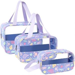LEcylankEr Trousse de Toilette Transparente 3 Pi&egrave;ces, Trousse de Toilette PVC &Eacute;tanche pour Femme, Trousse de Maquillage L&eacute;g&egrave;re pour Voyage Set (Imprim&eacute; Violet) (Timertick, neuf)