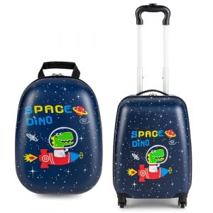 GOPLUS Valise Enfant à Garçon Filles 16”avec 12” Sac à Dos, Espace Suffisant, Surface Etanche, Valise Cabine Enfant roulettes Silencieuses et Lisses pour Bébé 3-8 Ans (Crocodile) (Augenstern24, neuf)