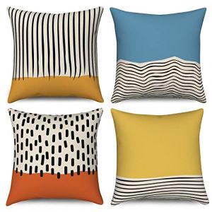 Housse de coussin Boho 40x40 Set de 4, Hnmdmyi Mid Century Abstrait Moderne Géométrique Décoratif Housses de coussins Bleu Jaune Brûlé Orange Housse de coussin en lin pour canapé Lit Jardin Home Decor (Hnmdmyi, neuf)