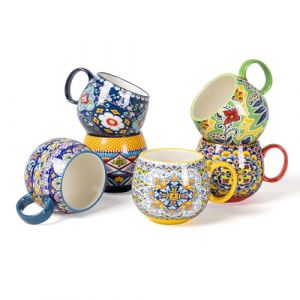 HENXFEN LEAD Set de tasses à cappuccino, 600ml tasses à café en porcelaine avec anse, lot de 6 tasses en porcelaine pour thé café lait cappuccino avec motifs et multicolores - Style bohème (HenxfenLead, neuf)