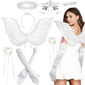 iZoeL Ange Wings Blanc Costume Ange Fille Deguisement Carnaval Femme Homme Deguisement Halloween Femme, Angel Wings Halo Tatouage Gants - Costume Carnaval Costume Halloween Costume Cosplay Femme (CrushOnu, neuf)