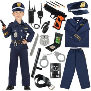 Deguisement Policier Enfant Garcon, 14PCS, Costume, avec Chemise, Pantalon, Chapeau, Ceinture, Menotte, Brassard Police Insigne, Talkie-Walkie, Pistolets Jouets Pour Halloween Carnaval (xinmaike, neuf)