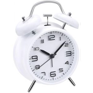 Réveil fort pour adultes dormeurs lourds, en métal de 10,2 cm, double cloche à piles pour décoration de chambre, silencieux, sans tic-tac (blanc) (Azyh Direct, neuf)