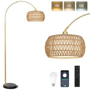 Rayofly Doré Lampe à arc Salon Lampadaire, Lampadaire Moderne avec Abat-jour en Rotin, Lampadaire Boho avec Télécommande et Ampoule LED, Contrôle App, Lampadaire à intensité variable pour Chambre (Rayofly-EU, neuf)
