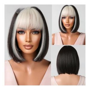 Perruques Perruque for femmes de Style europ&eacute;en et am&eacute;ricain avec frange soign&eacute;e d&eacute;grad&eacute; gris cheveux courts couvre-chef en fibres chimiques(Black and white) (yichanggeng, neuf)