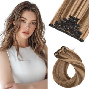 Benehair Extension à Clip Cheveux Naturel Rémy, 7Pcs 16 Clips Extension Cheveux Naturel à Clip, Clip In Lace Weft Hair Extensions, 50CM 120g Épais Extensions Cheveux Humains,Brun Chocolat & Brun Clair (fashion idol collection, neuf)