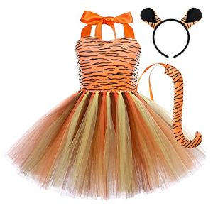 IWEMEK Enfant Déguisement Animal Bébé Fille Costume Halloween Vache/Tigre/Zèbre/Léopard/Girafe Cosplay Robe Tutu sans Manches + Boucles d'oreilles Bandeau + Queue Tenue de fête Soirée Tigre 11-12 ans (IWEMEK, neuf)