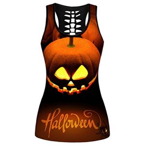 Ocean Plus Femme Crâne Sport Débardeurs Gothique Cache-cœur Gilet d'entraînement sans Manches Chemise Criss Cross Noir T-Shirt Halloween (M (Brustumfang: 86 cm), Citrouille d’Halloween) (Ocean Plus, neuf)