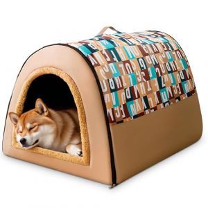 ALLSOPETS Lit pour Chats 2-en-1 Pliable Auto-Chauffant Tente Cave pour Chats et Petits Moyen Chiens Maison Portable pour Chiens avec Poign&eacute;es pour Un Sommeil Profond (Lettre Marron, L) (ALLSOPETS-FR, neuf)