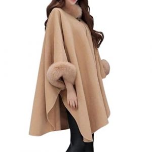 SARGE Femmes Cape Manteau Couleur Unie col en Fausse Fourrure Automne Hiver Chaud Ample mi-Long Poncho Manteau (XIANGCHAOBAIHUO, neuf)
