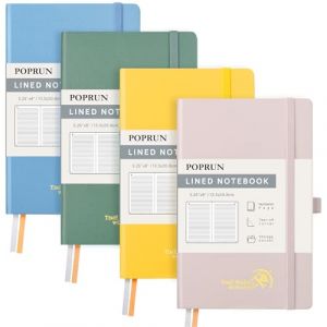 POPRUN Carnet de notes ligné A5 Paquet de 4, Couverture rigide, Papier 120 g/m², 128 Pages Numérotées, Étiquettes Autocollantes et 8 Feuilles Détachables, Rose clair,Bleu brume,Vert minuit,Jaune clair (Time Works Wonders, neuf)